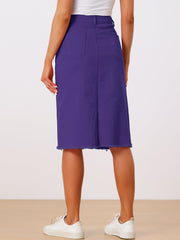 Casual High Waist Back Slit Stretch Denim Midi Skirt