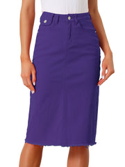 Casual High Waist Back Slit Stretch Denim Midi Skirt