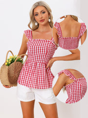 Gingham Peplum Top Summer Square Neck Sleeveless Plaid Blouse