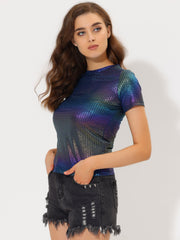Party Metallic Textured Short Sleeve Shiny Multicolor Top