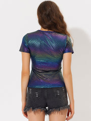 Party Metallic Textured Short Sleeve Shiny Multicolor Top