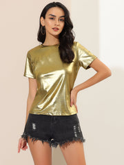 Party Metallic Textured Short Sleeve Shiny Multicolor Top