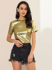 Party Metallic Textured Short Sleeve Shiny Multicolor Top