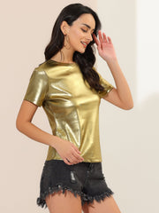 Party Metallic Textured Short Sleeve Shiny Multicolor Top