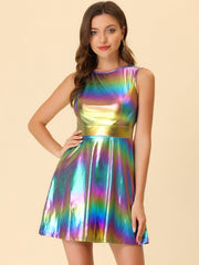 Metallic Sleeveless High Waist Club Party Holographic Dress