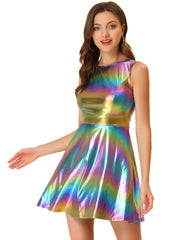 Metallic Sleeveless High Waist Club Party Holographic Dress