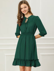 Ruffle Hem 3/4 Sleeve A-Line Smocked Midi Chiffon Dress