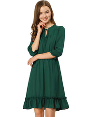 Ruffle Hem 3/4 Sleeve A-Line Smocked Midi Chiffon Dress