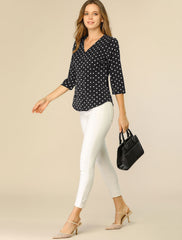 Polka Dots 3/4 Sleeve Button Front Vintage Office Blouse Top