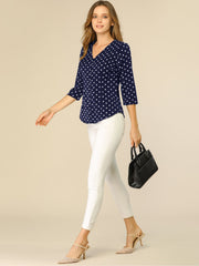 Polka Dots 3/4 Sleeve Button Front Vintage Office Blouse Top