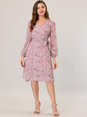 Chiffon Floral V Neck Tie Waist Bishop Sleeve Casual Wrap Midi Dress