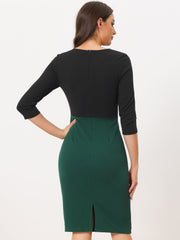 Pencil Round Neck 3/4 Sleeve Contrast Office Sheath Dress