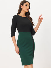 Pencil Round Neck 3/4 Sleeve Contrast Office Sheath Dress