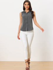 Denim Button Down Sleeveless Lapel V Neck Chambray Tunic Top