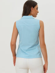 Denim Button Down Sleeveless Lapel V Neck Chambray Tunic Top