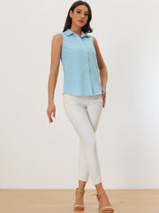 Denim Button Down Sleeveless Lapel V Neck Chambray Tunic Top