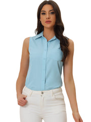 Denim Button Down Sleeveless Lapel V Neck Chambray Tunic Top