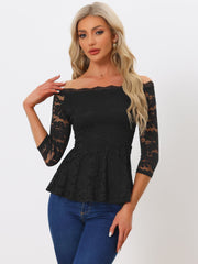 Elegant Lace Blouse Semi Sheer 3/4 Sleeve Off Shoulder Peplum Top