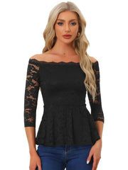 Elegant Lace Blouse Semi Sheer 3/4 Sleeve Off Shoulder Peplum Top