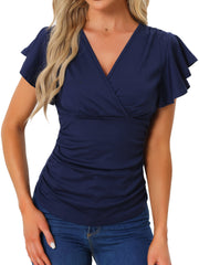 Faux Wrap Blouse Summer V Neck Ruffle Sleeve Casual Top Blouse