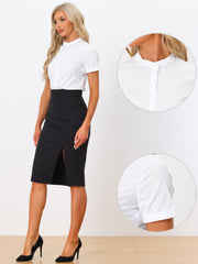 Button Down Stand Collar Short Sleeve Office Work Shirt Bodysuits
