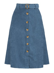 High Waist Button Front Belted Corduroy A-Line Midi Skirt