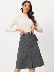 High Waist Button Front Belted Corduroy A-Line Midi Skirt