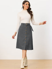 High Waist Button Front Belted Corduroy A-Line Midi Skirt
