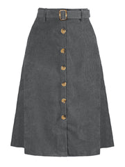 High Waist Button Front Belted Corduroy A-Line Midi Skirt