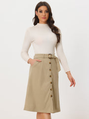 High Waist Button Front Belted Corduroy A-Line Midi Skirt