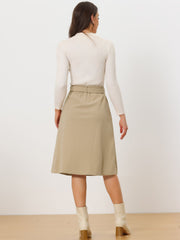 High Waist Button Front Belted Corduroy A-Line Midi Skirt