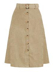 High Waist Button Front Belted Corduroy A-Line Midi Skirt