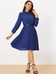 Stand Collar Long Sleeve Belted Pleated Midi Dress