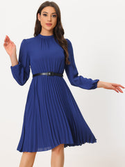 Stand Collar Long Sleeve Belted Pleated Midi Dress