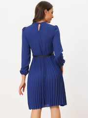Stand Collar Long Sleeve Belted Pleated Midi Dress