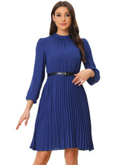 Stand Collar Long Sleeve Belted Pleated Midi Dress