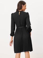 Stand Collar Long Sleeve Belted Pleated Midi Dress