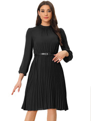 Stand Collar Long Sleeve Belted Pleated Midi Dress
