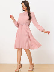 Stand Collar Long Sleeve Belted Pleated Midi Dress