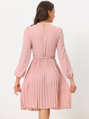 Stand Collar Long Sleeve Belted Pleated Midi Dress