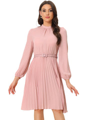 Stand Collar Long Sleeve Belted Pleated Midi Dress