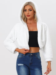 Casual Faux Fur Coat Zip Up Hooded Cropped Fuzzy Fleece Jacket