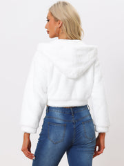 Casual Faux Fur Coat Zip Up Hooded Cropped Fuzzy Fleece Jacket