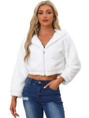 Casual Faux Fur Coat Zip Up Hooded Cropped Fuzzy Fleece Jacket