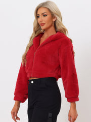 Casual Faux Fur Coat Zip Up Hooded Cropped Fuzzy Fleece Jacket