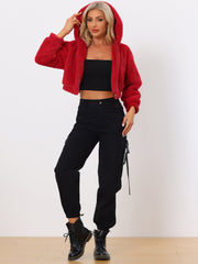 Casual Faux Fur Coat Zip Up Hooded Cropped Fuzzy Fleece Jacket
