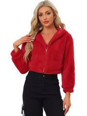Casual Faux Fur Coat Zip Up Hooded Cropped Fuzzy Fleece Jacket