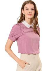 Pleated Contrast Peter Pan Collar Puff Short Sleeve Blouse