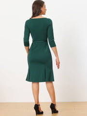 Business Elegant Boat Neck Half Sleeve Pleated Midi Solid Dress
