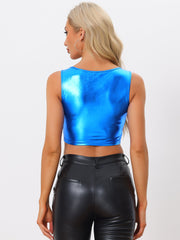 Sleeveless U Neck Party Holographic Shiny Metallic Crop Top